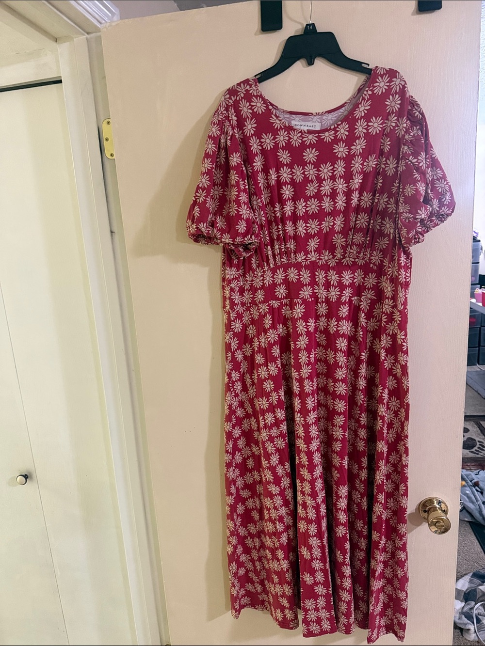 DownEast Pink Floral Midi Dress with Puff Sleeves
